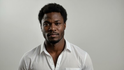 Fototapeta premium adult black hair subsaharan african man in white shirt model portrait standing straight on a plain white background for ad concept space for text