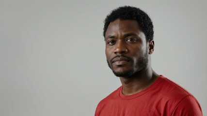 Obraz premium adult black hair subsaharan african man in red shirt model portrait standing straight on a plain white background for ad concept space for text