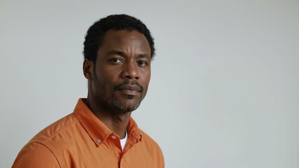 Obraz premium adult black hair subsaharan african man in orange shirt model portrait standing straight on a plain white background for ad concept space for text