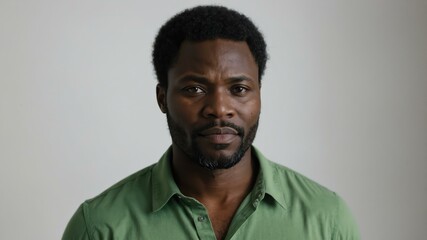 Obraz premium adult black hair subsaharan african man in green shirt model portrait standing straight on a plain white background for ad concept space for text