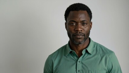 Obraz premium adult black hair subsaharan african man in green shirt model portrait standing straight on a plain white background for ad concept space for text