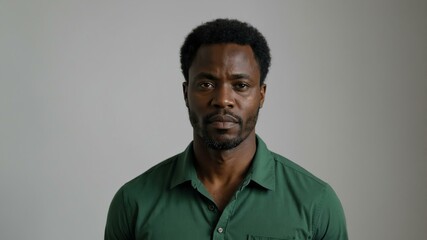 Obraz premium adult black hair subsaharan african man in green shirt model portrait standing straight on a plain white background for ad concept space for text