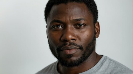 Obraz premium adult black hair subsaharan african man in gray shirt model portrait standing straight on a plain white background for ad concept space for text