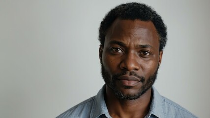 Obraz premium adult black hair subsaharan african man in gray shirt model portrait standing straight on a plain white background for ad concept space for text