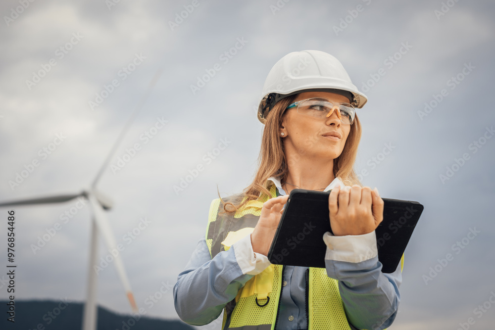 Poster An engineer at a wind farm utilizing a tablet for effective project management and oversight of renewable energy initiatives, playing a pivotal role in the advancement of sustainable infrastructure