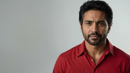 Fototapeta premium adult black hair hispanic man in red shirt model portrait standing straight on a plain white background for ad concept space for text
