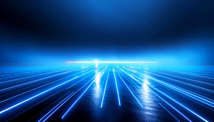 Futuristic Neon Landscape with Reflective Blue Lights Background