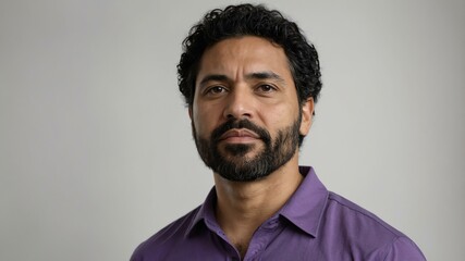 Obraz premium adult black hair hispanic man in purple shirt model portrait standing straight on a plain white background for ad concept space for text