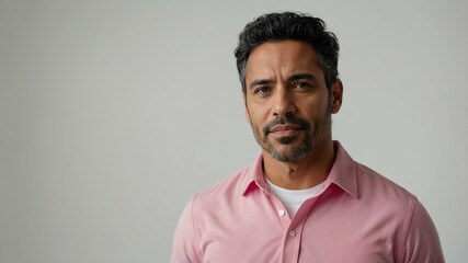 Fototapeta premium adult black hair hispanic man in pink shirt model portrait standing straight on a plain white background for ad concept space for text