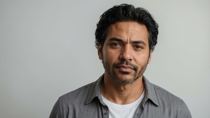 Obraz premium adult black hair hispanic man in gray shirt model portrait standing straight on a plain white background for ad concept space for text