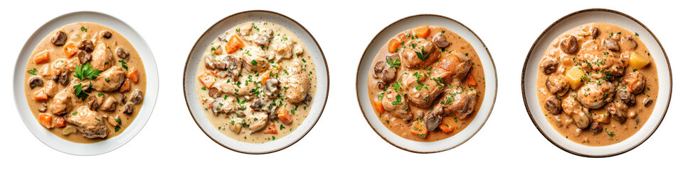 Fototapeta premium Four delicious bowls of creamy stew featuring vegetables, herbs, and hearty meats, perfect for a comforting meal. transparent background