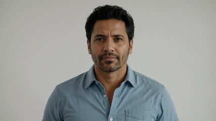 Obraz premium adult black hair hispanic man in blue shirt model portrait standing straight on a plain white background for ad concept space for text