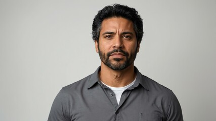 Obraz premium adult black hair hispanic man in gray shirt model portrait standing straight on a plain white background for ad concept space for text