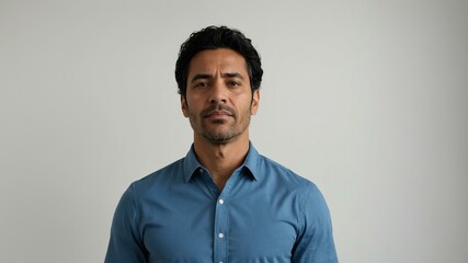 Obraz premium adult black hair hispanic man in blue shirt model portrait standing straight on a plain white background for ad concept space for text