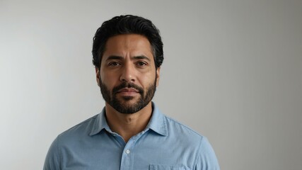 Obraz premium adult black hair hispanic man in blue shirt model portrait standing straight on a plain white background for ad concept space for text