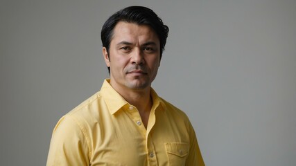 Obraz premium adult black hair finnougric man in yellow shirt model portrait standing straight on a plain white background for ad concept space for text