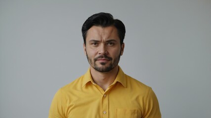 Fototapeta premium adult black hair finnougric man in yellow shirt model portrait standing straight on a plain white background for ad concept space for text