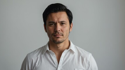 Obraz premium adult black hair finnougric man in white shirt model portrait standing straight on a plain white background for ad concept space for text
