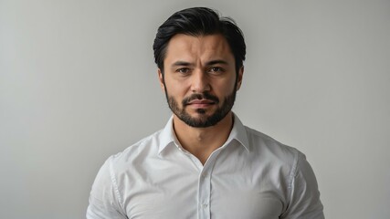 Obraz premium adult black hair finnougric man in white shirt model portrait standing straight on a plain white background for ad concept space for text