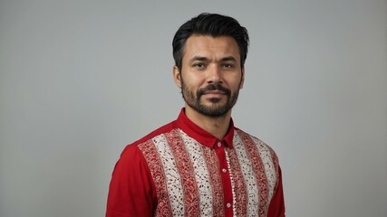 Fototapeta premium adult black hair finnougric man in red shirt model portrait standing straight on a plain white background for ad concept space for text