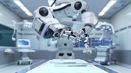 Robot Performing Surgery: A highly precise surgical robot in an operating room, arms delicately handling surgical instruments. 
