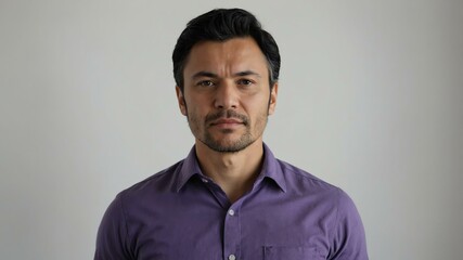 Obraz premium adult black hair finnougric man in purple shirt model portrait standing straight on a plain white background for ad concept space for text