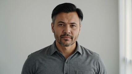 Obraz premium adult black hair finnougric man in gray shirt model portrait standing straight on a plain white background for ad concept space for text
