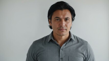 Obraz premium adult black hair finnougric man in gray shirt model portrait standing straight on a plain white background for ad concept space for text