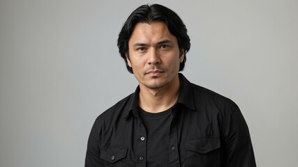 Obraz premium adult black hair finnougric man in black shirt model portrait standing straight on a plain white background for ad concept space for text
