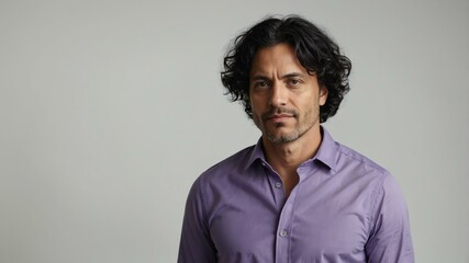 Fototapeta premium adult black hair european man in purple shirt model portrait standing straight on a plain white background for ad concept space for text