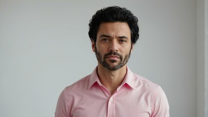 Obraz premium adult black hair european man in pink shirt model portrait standing straight on a plain white background for ad concept space for text