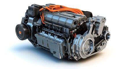 Engine with Wires and Components on White Background