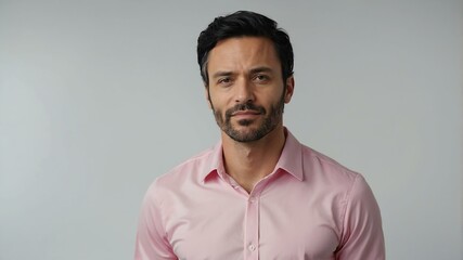 Obraz premium adult black hair european man in pink shirt model portrait standing straight on a plain white background for ad concept space for text