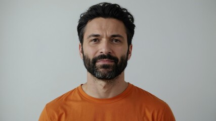Fototapeta premium adult black hair european man in orange shirt model portrait standing straight on a plain white background for ad concept space for text
