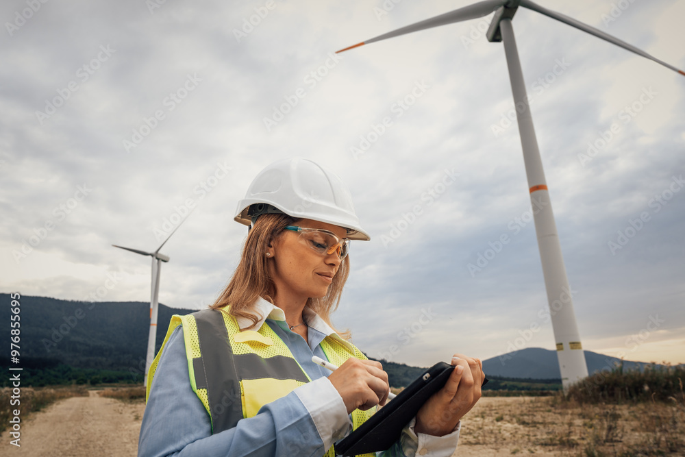 Aufkleber a professional female engineer conducting a comprehensive evaluation of wind turbine efficiency in a