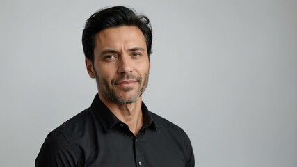 Obraz premium adult black hair european man in black shirt model portrait standing straight on a plain white background for ad concept space for text