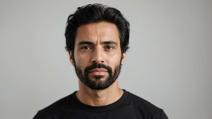 Obraz premium adult black hair european man in black shirt model portrait standing straight on a plain white background for ad concept space for text