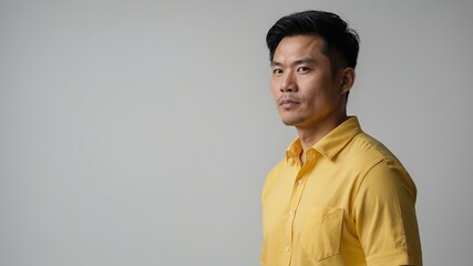 Obraz premium adult black hair east asian man in yellow shirt model portrait standing straight on a plain white background for ad concept space for text