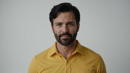Obraz premium adult black hair caucasian man in yellow shirt model portrait standing straight on a plain white background for ad concept space for text