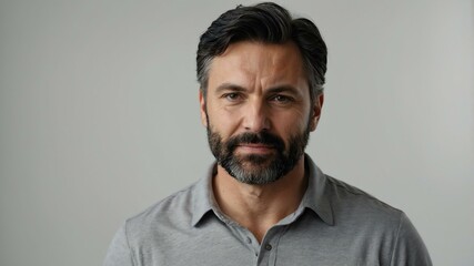 Fototapeta premium adult black hair caucasian man in gray shirt model portrait standing straight on a plain white background for ad concept space for text