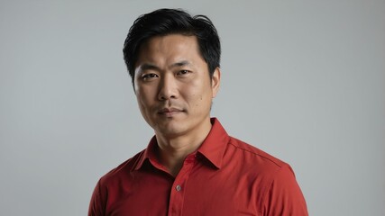 Obraz premium adult black hair asian man in red shirt model portrait standing straight on a plain white background for ad concept space for text