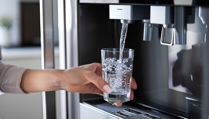 Water dispenser from dispenser of home fridge, Woman is filling a glass with water from the refrigerator