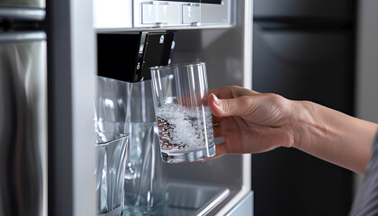 Water dispenser from dispenser of home fridge, Woman is filling a glass with water from the refrigerator