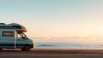 Camper van parked by the beach at sunset