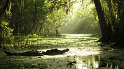 An alligator basks in the sun in a swampy bayou.