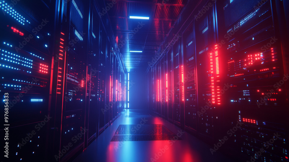 Poster data center: an abstract representation of a digital repository. it features a server room utilizing