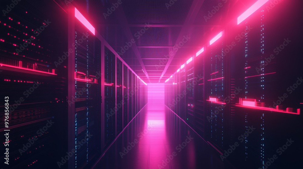 Poster data center: an abstract representation of a digital repository. it features a server room utilizing