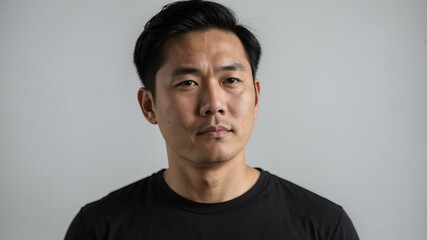 Obraz premium adult black hair asian man in black shirt model portrait standing straight on a plain white background for ad concept space for text