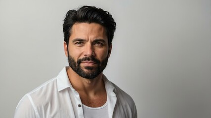 Fototapeta premium adult black hair american man in white shirt model portrait standing straight on a plain white background for ad concept space for text