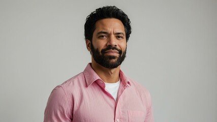Obraz premium adult black hair american man in pink shirt model portrait standing straight on a plain white background for ad concept space for text